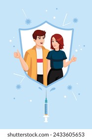 The vaccinated couple, family is protected from infection, virus, flu, influenza by an immunity shield. Power of vaccination concept. Vaccinated man and woman, people. Vector illustration, flat style.