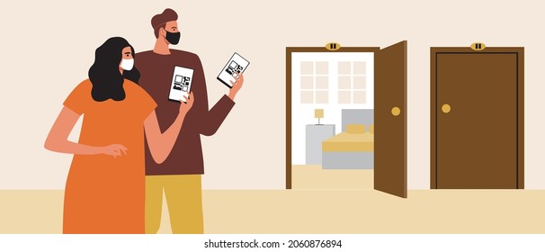 Vaccinated couple with QR code, check in to the hotel. Flat vector stock illustration. Guest in hostel or dorm. Vaccination of covid. Woman and man with a suitcase. Vector graphics