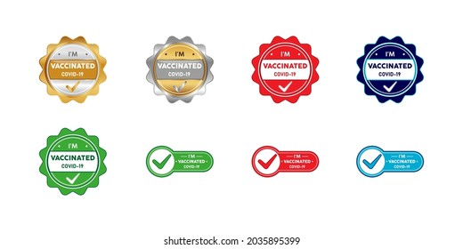 Vaccinated Covid 19 Label, Stamp, Badge, or Logo.  On platinum, gold, and silver colors. Premium and Luxury Emblem