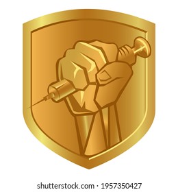 vaccinated covid-19 shield health hand holding syringe pandemic vaccine emblem badge protection symbol