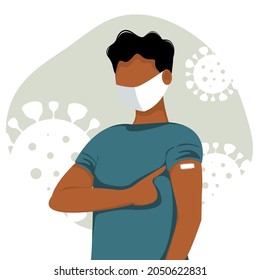 Vaccinated dark skinned man showing at the arm. Concept of vaccination, health, the spread of the vaccine, healthcare, call of fight against coronavirus. Colorful vector illustration in flat style.