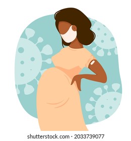 Vaccinated dark skinned pregnant woman. The concept of vaccination, health, the spread of the vaccine, healthcare, call of fight against coronavirus. Colorful vector illustration in flat style.	