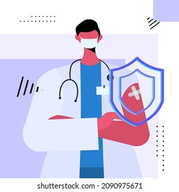 vaccinated doctor in mask with virtual shield successful covid-19 vaccination concept