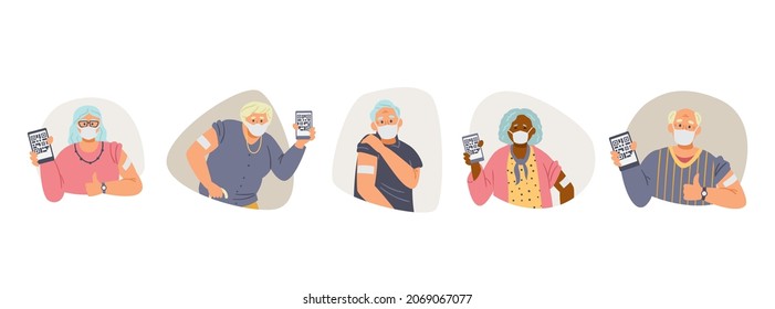 Vaccinated Elderly people flat vector collection.  Senior men and women in face masks show hands with patch holding phones with vaccination certificate.