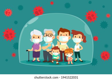 Vaccinated family inside big glass dome protected from Covid-19 virus. Covid-19, Coronavirus vaccine concept.