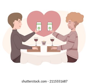 Vaccinated gay couple showing their digital health passports in restaurant. Enjoying dinner on Valentines Day. Table with candle and glasses of wine. New normal concept vector illustration.