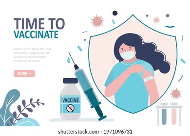 Vaccinated girl in protective mask. Woman showing bandage from vaccine injection. Syringe and bottle with antiviral drug. Protection from disease. Time to vaccinate. Landing page. Vector illustration
