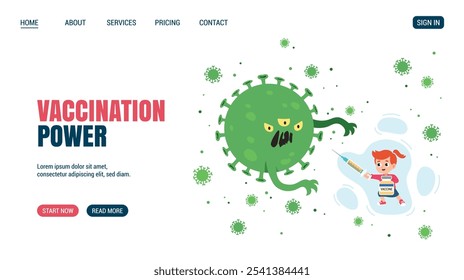 Vaccinated girl with syringe as sword fighting the Virus monster. Vaccination power concept Website, web page design. Children vaccination. Flat design. Vaccination protects from viruses.