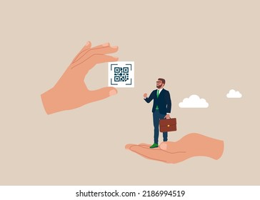 Vaccinated Human Holding In Hand White Square With Qr Code. Man Or Woman Showing Vaccination Certificate. Digital Or Paper Covid Vaccine Passport. Vector Illustration Of Pass Code. Person With Qr-code