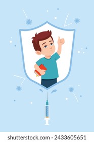 The vaccinated little boy is protected from infection, virus, flu, influenza by an immunity shield. Power of children vaccination concept. Vaccinated person, people. Vector illustration, flat style.