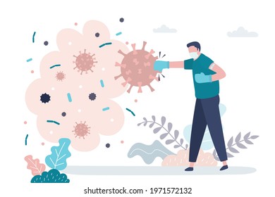 Vaccinated man in gloves and protective mask fights against flu virus. Сoncept of combating coronavirus and medicine. Protection from viruses and disease. Time to vaccinate. Trendy vector illustration