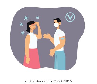 Vaccinated man is healthy, unvaccinated woman is ill. Lack of vaccination affects health. Comprehensive health immunization. Call for adults to take antiviral preventive actions
