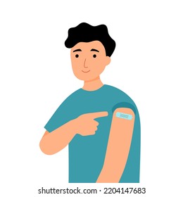 Vaccinated man with plaster on arm in flat design on white background.