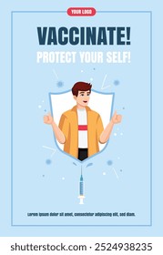 Vaccinated man is protected from infection by an immunity shield. Vaccination concept Flyer design.