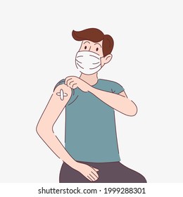Vaccinated Man in Protective Mask , Showing Vaccinated Arm. Patient After Receiving Covid-19 Vaccine. Vaccination concept. Healthcare, Diagnostics. Flat Style Vector