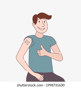 Vaccinated Man, Showing Vaccinated Arm. Syringe, Coronavirus Sign. Patient After Receiving Covid-19 Vaccine. Vaccination concept. Healthcare, Diagnostics. Flat Style Vector