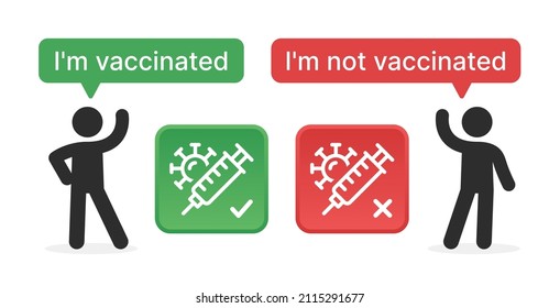Vaccinated man with unvaccinated man icon isolated on white banner. Choice of vaccination concept.
