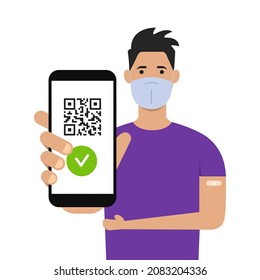 Vaccinated man with vaccine passport on smartphone screen. Green immunity certificate. Health passport on digital screen with QR code. Flat style. Vector illustration