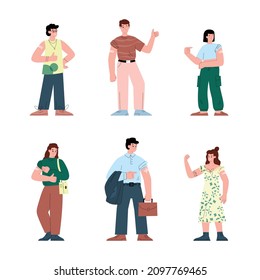 Vaccinated men and women characters set for topic of vaccination and antiviral Covid-19 protection, flat cartoon vector illustration isolated on white background.