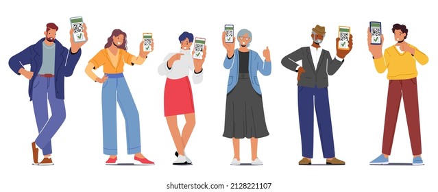 Vaccinated Men and Women Using Digital Health Passports of Vaccination. Young and Elderly Characters Immunization, People Show Certificates with Qr Code on Device Screen. Cartoon Vector Illustration