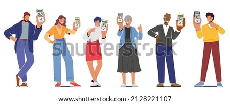 Vaccinated Men and Women Using Digital Health Passports of Vaccination. Young and Elderly Characters Immunization, People Show Certificates with Qr Code on Device Screen. Cartoon Vector Illustration