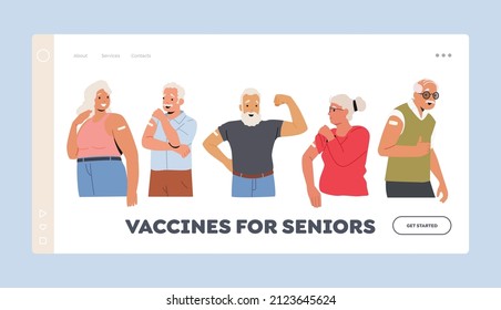 Vaccinated Old People Landing Page Template. Positive Senior Characters Show Patch on Shoulder. Elderly Person Immunization, Vaccination, Health Care Concept. Cartoon Vector Illustration