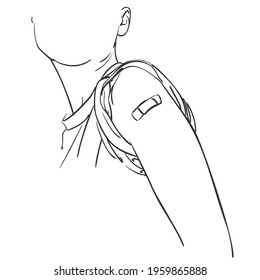 Vaccinated people illustration drawing, Raised sleeve bare shoulder with patch after receiving vaccine shot during covid-19 immunization program, Vector art sketch, Hand drawn black and white graphics