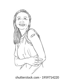 Vaccinated people illustration, Happy smiling woman shows patch on her arm after receiving vaccine shot during covid-19 immunization program, Vector art sketch, Hand drawn black and white graphics