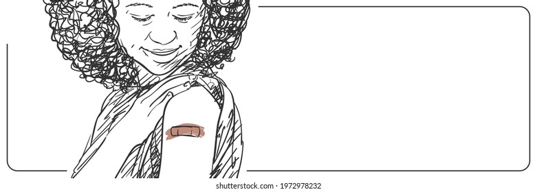 Vaccinated people illustration long web banner with copy space for text, Young happy black woman looking her arm after receiving vaccine during covid-19 immunization program, Vector sketch, Hand drawn