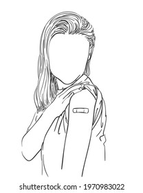 Vaccinated people illustration, Portrait of anonymous female with adhesive bandage on her arm after getting vaccine, Vector sketch, Hand drawn black and white graphics