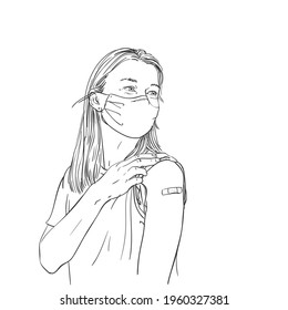 Ilustración de las personas vacunadas, Retrato de las mujeres con mascarilla después de recibir la vacuna, Esbozo vectorial, mujer caucásica con venda en el brazo después de recibir la vacunación, Gráficos en blanco y negro dibujados por mano