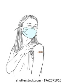 Vaccinated people illustration  Portrait female in mask after getting vaccine  Vector sketch  Caucasian woman and bandage her arm after receiving vaccination  Hand drawn graphics