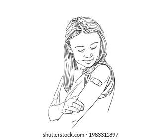 Vaccinated people illustration, Young female looking her arm after vaccination during covid-19 immunization program, Vector art sketch, Caucasian woman with plaster on shoulder, Hand drawn