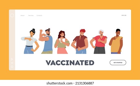 Vaccinated People Landing Page Template. Young Persons Immunization, Vaccination, Health Care Concept. Positive Male Female Characters Show Patch on Shoulder. Cartoon Vector Illustration