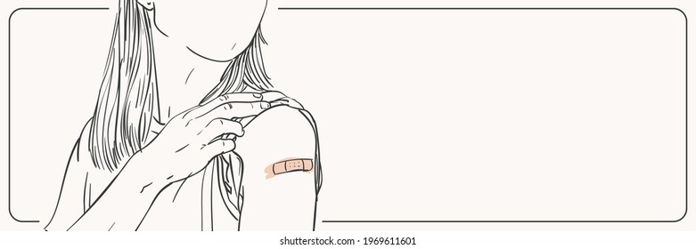 Vaccinated people long web banner and copy space for text  No face woman showing shoulder and bandage after receiving vaccine during covid  19 immunization program  Vector sketch  Hand drawn