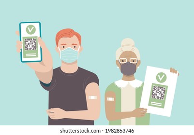Vaccinated people using digital health passports. Young man showing an app in mobile phone. Elderly woman hold printed immunization certificate with qr code. green immunity certificate. Flat vector