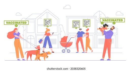 Vaccinated people for a walk. Safe space for health. A girl with a dog, a dad with a baby, a family with a stroller, a woman with packages. Vector flat illustration.