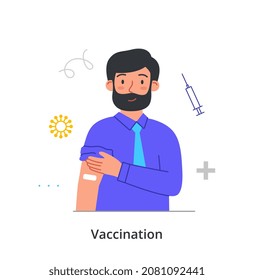 Vaccinated person concept. Bearded man with patch in injection area. Male character protects his health from viral or bacterial infections. Prevention and treatment. Cartoon flat vector illustration