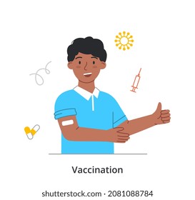 Concepto de persona vacunada. Un hombre con parche en su hombro muestra gesto de aprobación hacia arriba. El carácter masculino se protege de infecciones virales. Prevención y atención de la salud. Dibujo vectorial plano de dibujos animados