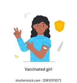 Vaccinated person concept. Smiling woman with patch on her shoulder in injection area. Female character protects herself from viral infections. Prevention of diseases. Cartoon flat vector illustration