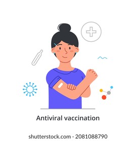 Vaccinated person concept. Young woman with plasters on her shoulder. Medicine or prevention of infectious diseases. Female character protects body from viruses. Cartoon flat vector illustration