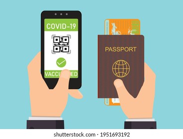 Vaccinated person using digital health passport app in mobile phone for travel during covid-19 pandemic, tourist using immunity passport app in mobile phone for travel, vector illustration.