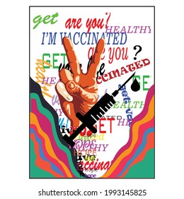 Vaccinated poster with viva symbol and injection for corona virus protect.
