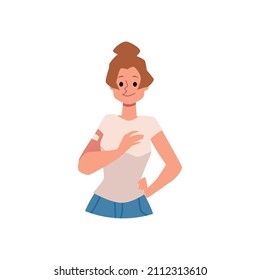 Vaccinated smiling woman with plaster patch on her arm shoulder, cartoon flat vector illustration isolated on white background. Woman got injection of antiviral vaccine.