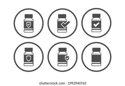 Vaccinated status icon set flat vector design isolated on white background. Vaccine bottle with checked mark, immune icon.