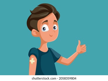 Vaccinated Teen Boy Holding Thumbs Up Vector Cartoon. Young person getting the antiviral vaccine to stop the spread of the coronavirus disease during pandemic
