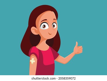 Vaccinated Teen Girl Holding Thumbs Up Vector Cartoon. Young person getting the antiviral vaccine to stop the spread of the coronavirus disease during pandemic
