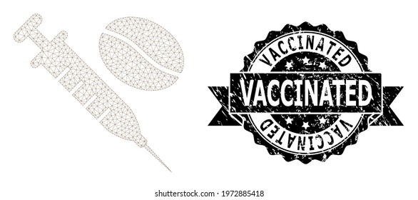 Vaccinated unclean seal print and vector coffein syringe mesh model. Black seal includes Vaccinated text inside ribbon and rosette. Abstract flat mesh coffein syringe, designed with flat mesh.