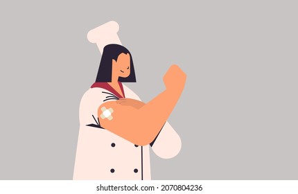 vaccinated woman chef in uniform after vaccine injection successful covid-19 vaccination horizontal portrait