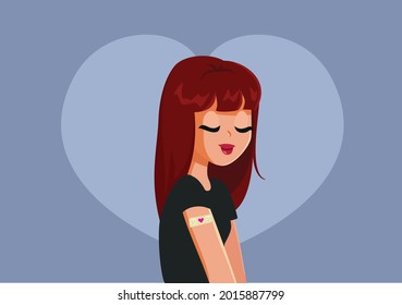 Vaccinated Woman with Plaster on the Arm Vector Illustration. Happy young adult getting anti-viral immunization against covid-19 during pandemic outbreak 
